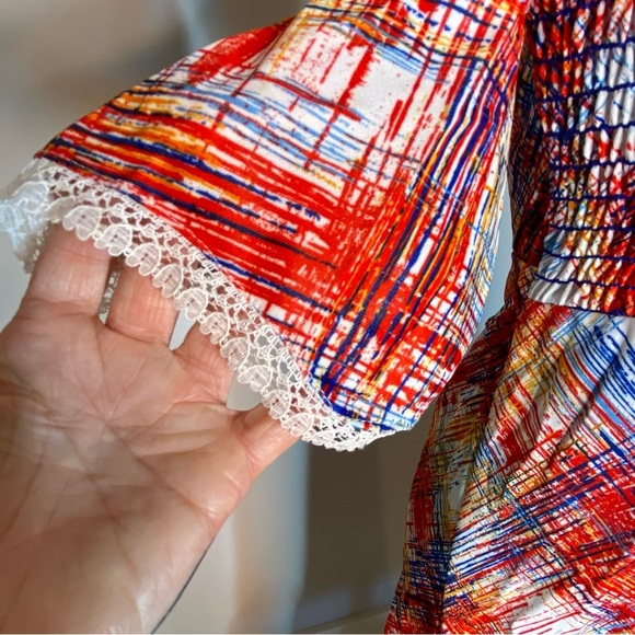 VINTAGE Boho Orange Prairie Dress Lace Flounce Sleeves Ruffle Cottage Size Small - Picture 5 of 12